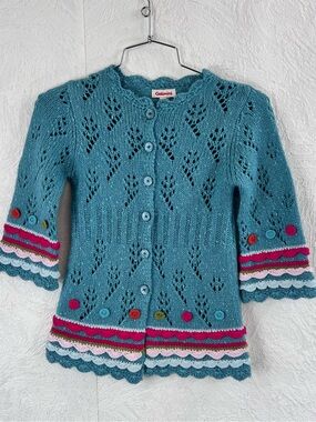 Catimini Teal Knit Cardigan with Pink and Red Trim Size 108/5